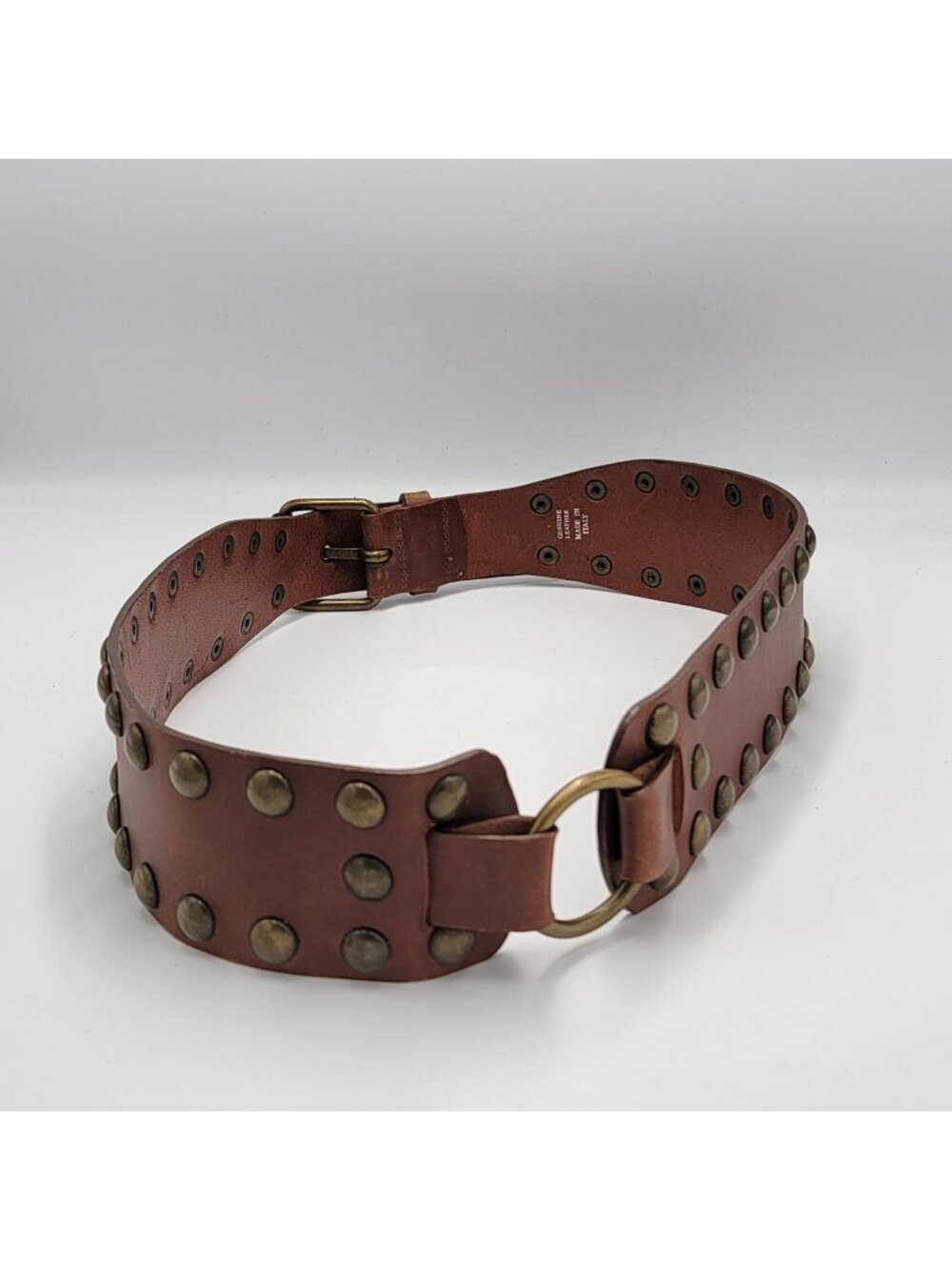 Vtg Y2k Express Studded Boho Brown Leather Wide Belt Antique Brass Hardware